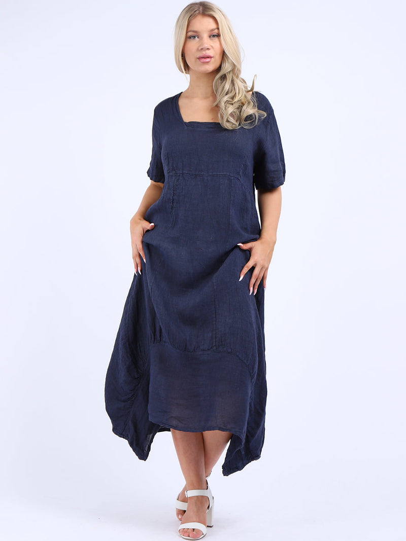 Square Neck Linen Dress Navy