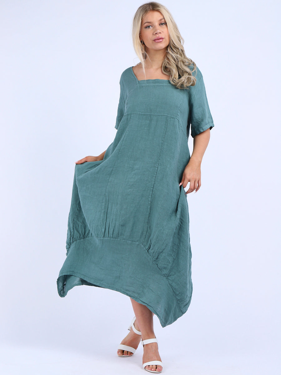 Square Neck Linen Dress Ocean Blue