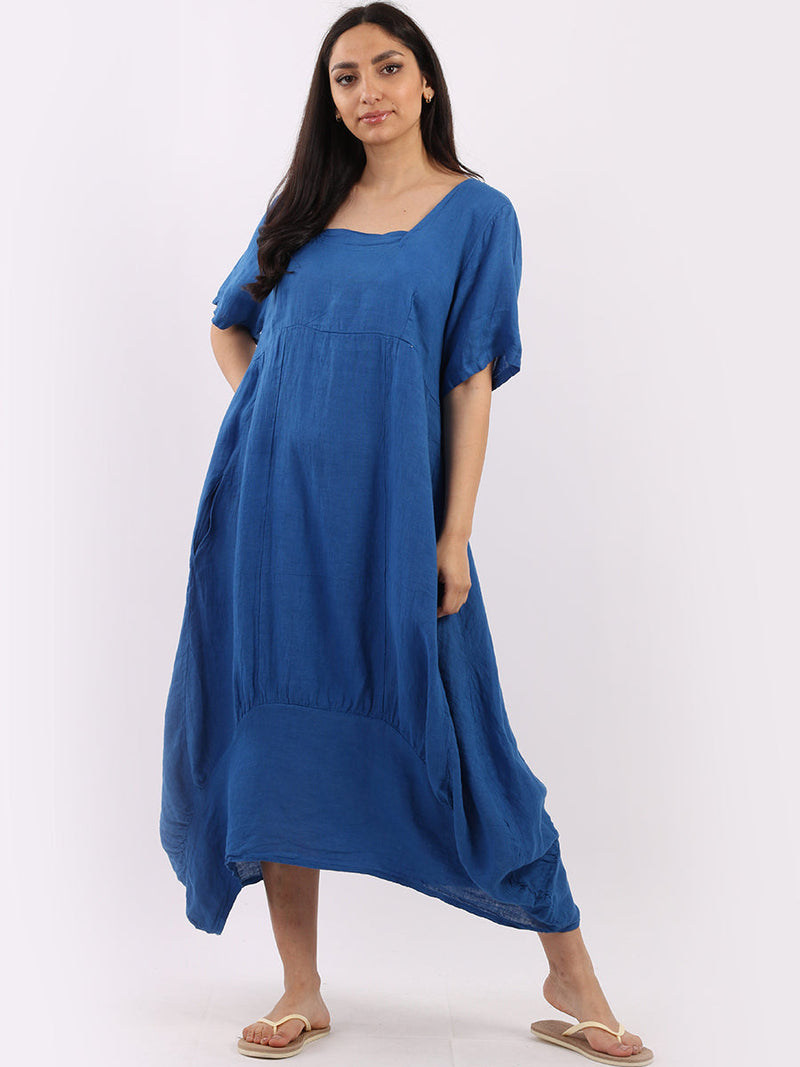 Square Neck Linen Dress Royal Blue