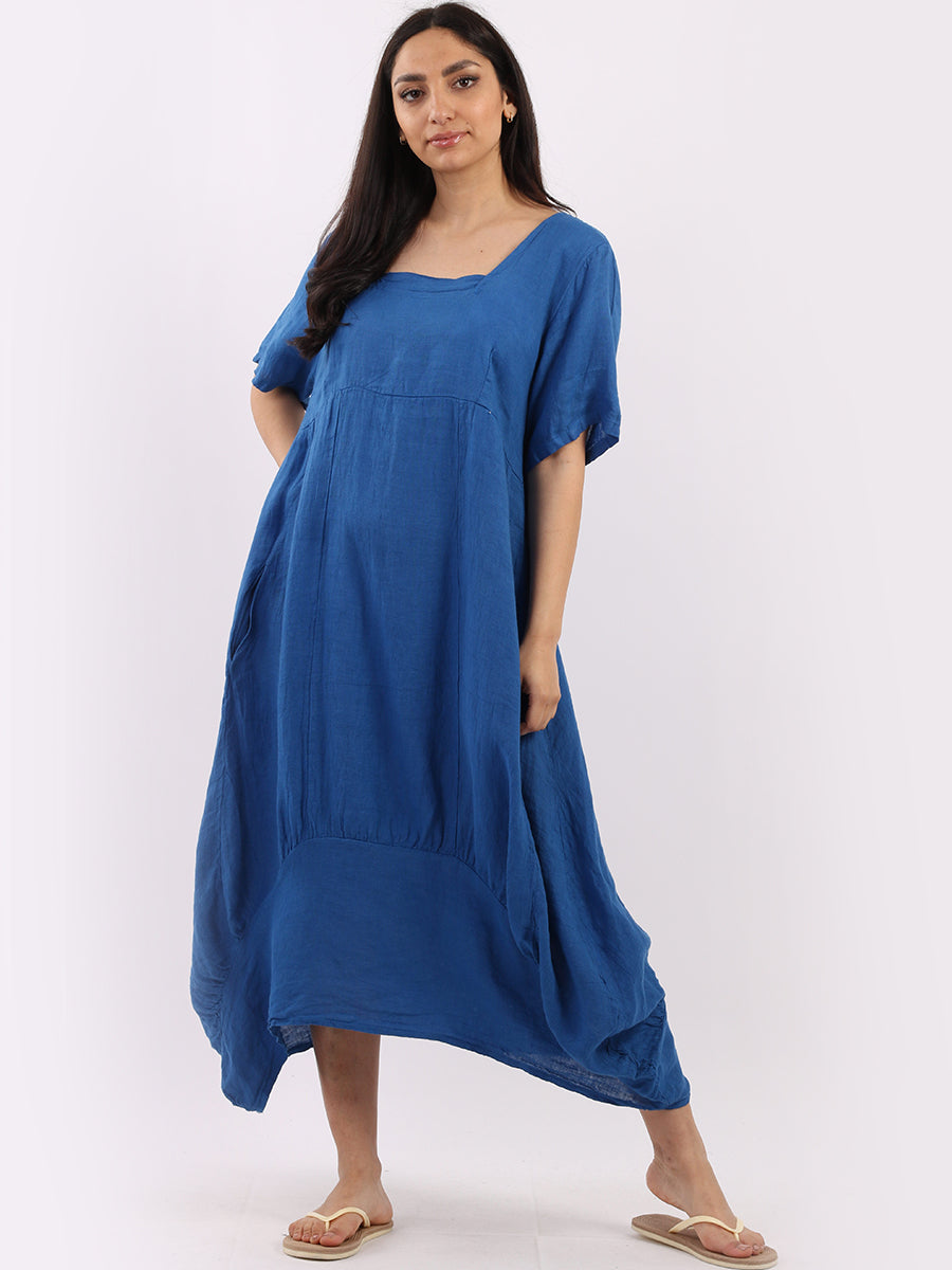 Square Neck Linen Dress Royal Blue