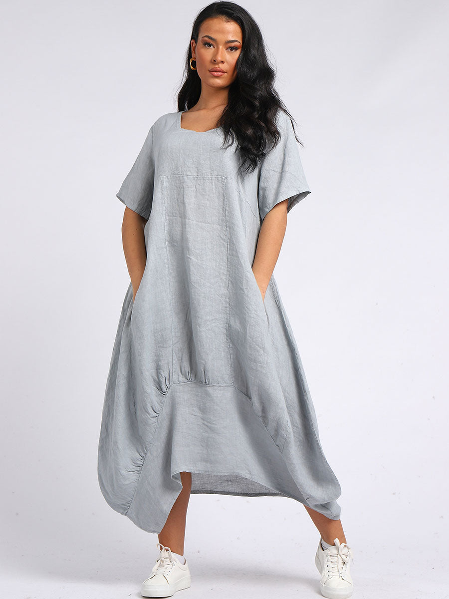 Square Neck Linen Dress Silver