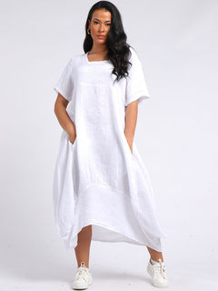 Square Neck Linen Dress White