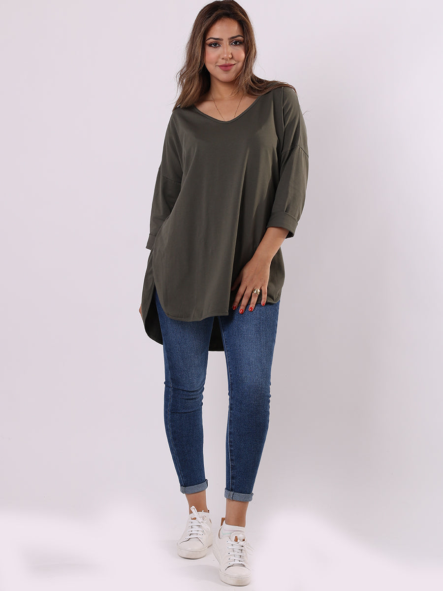V Neck Cotton Sweat Top Khaki