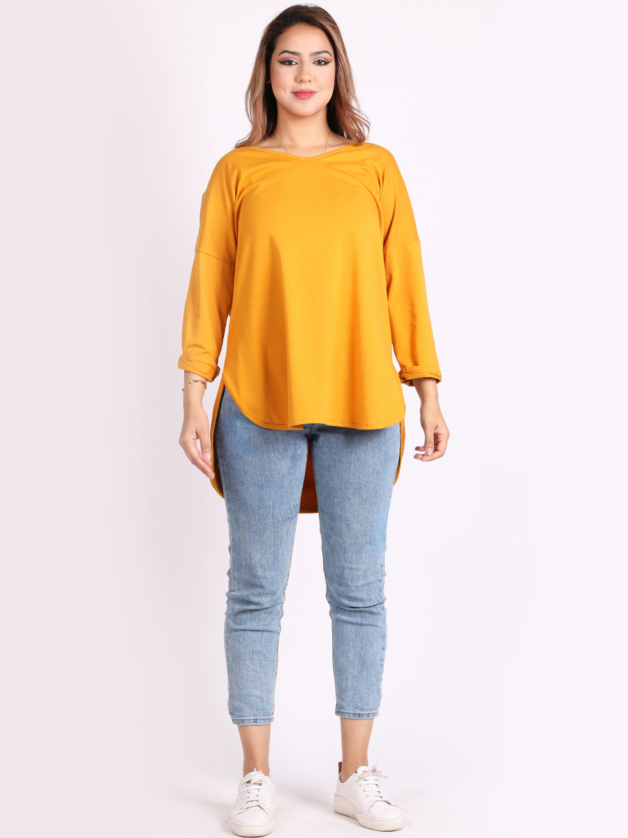 V Neck Cotton Sweat Top Mustard