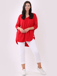 V Neck Cotton Sweat Top Red