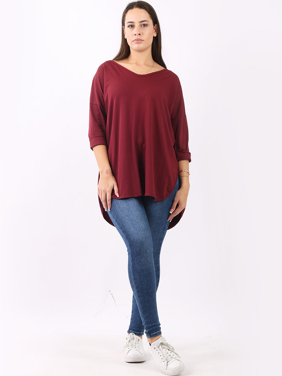 V Neck Cotton Sweat Top Wine