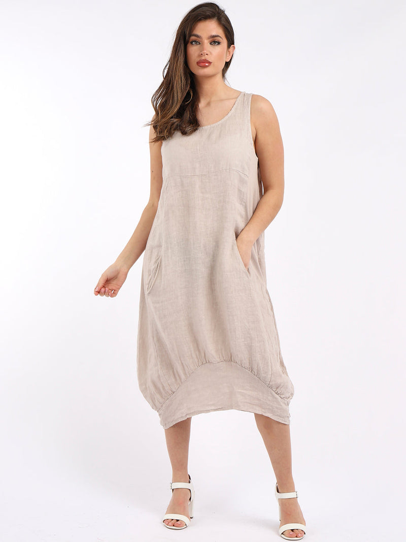 Plain Linen Dress Beige