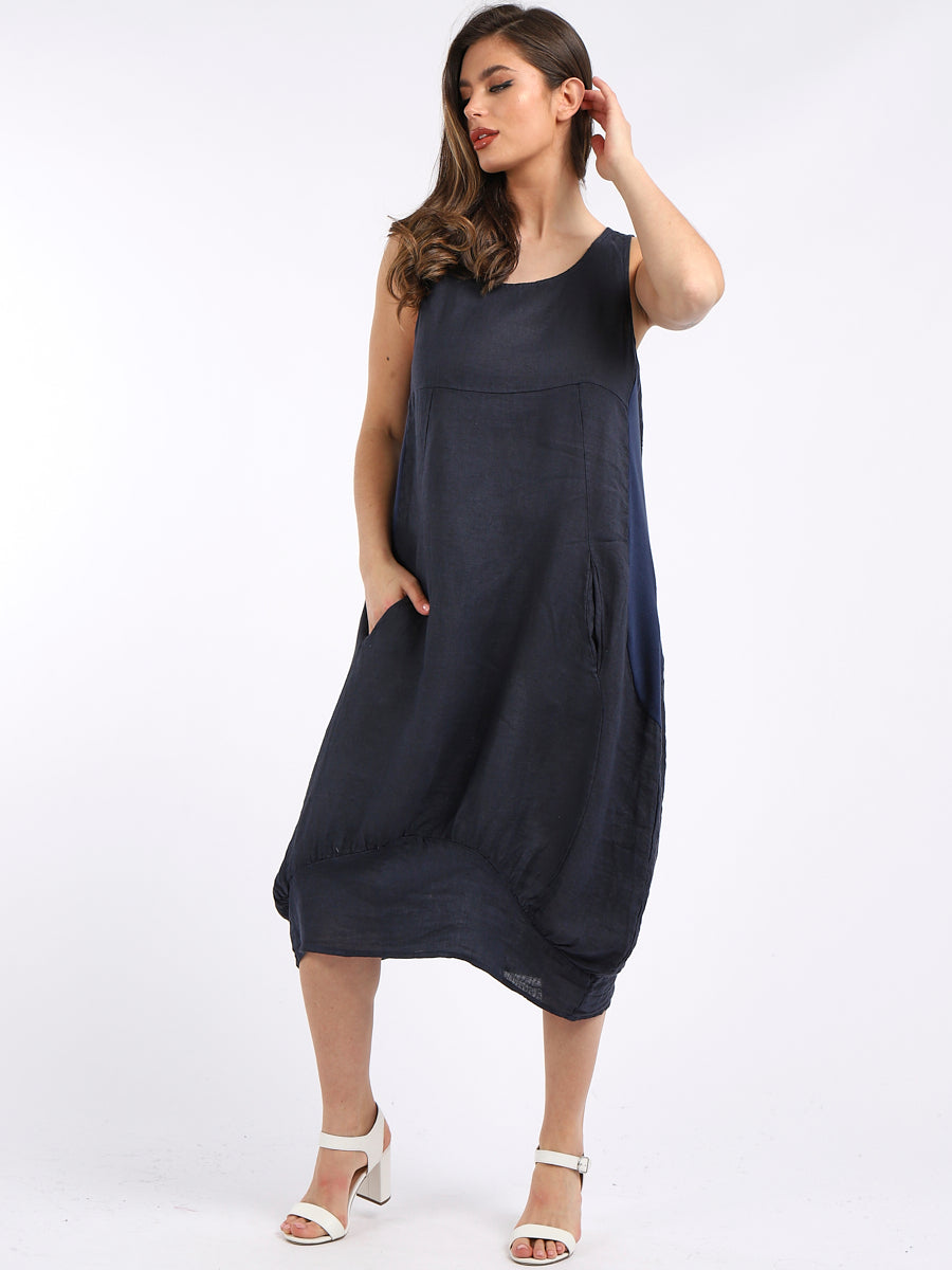 Ribbed Sides Plain Dress Navy