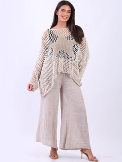 Star Knit Crochet Batwing Top Beige