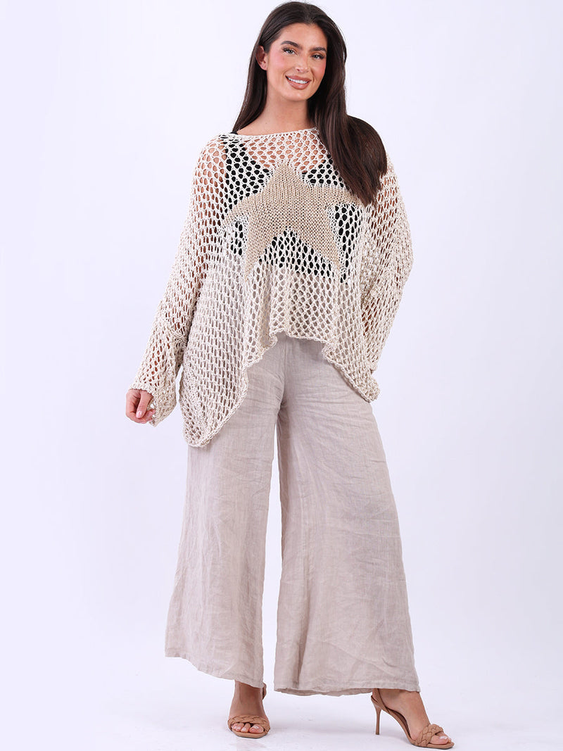 Star Knit Crochet Batwing Top Beige