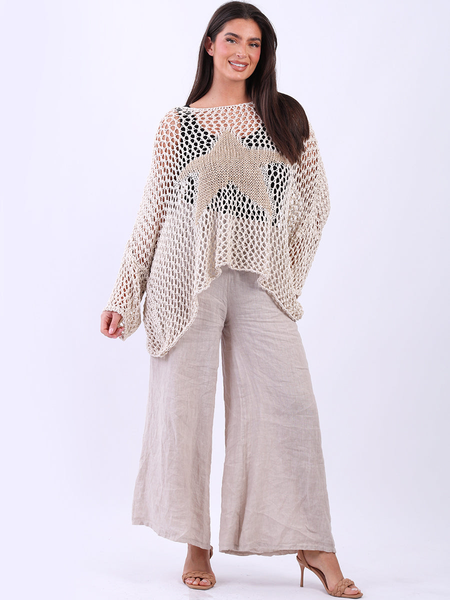Star Knit Crochet Batwing Top Beige