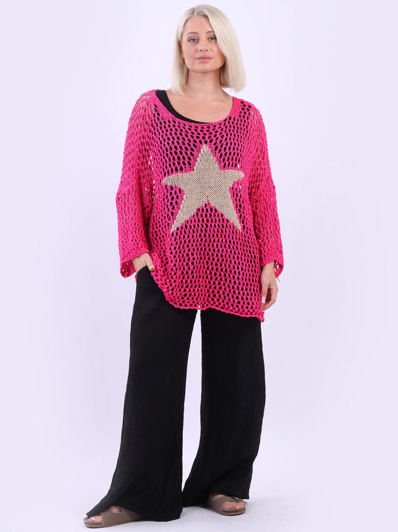 Star Knit Crochet Batwing Top Fuchsia