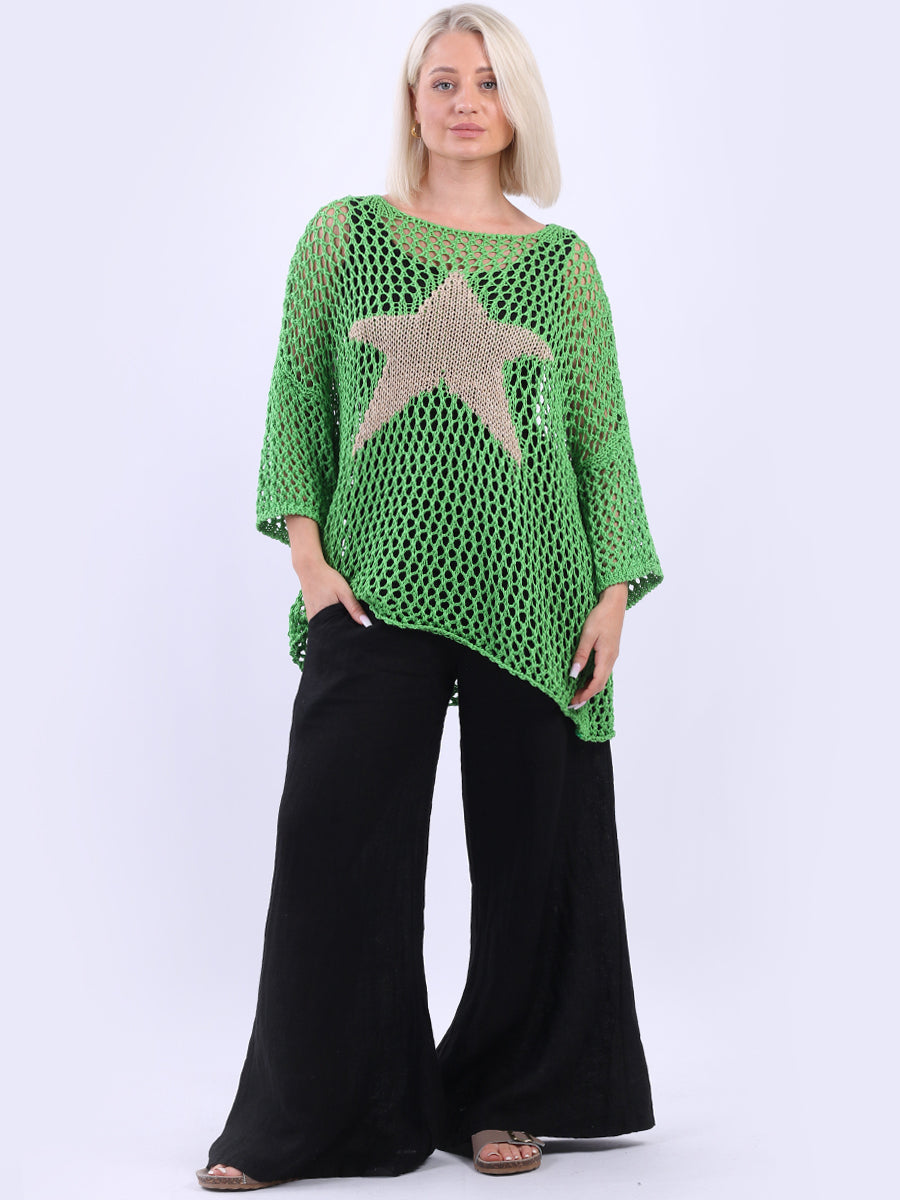 Star Knit Crochet Batwing Top Green