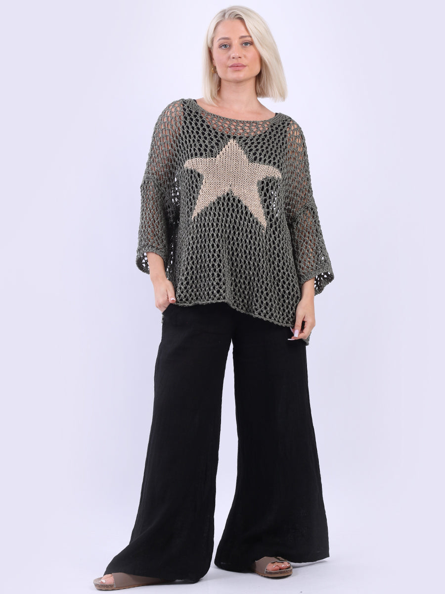 Star Knit Crochet Batwing Top Khaki