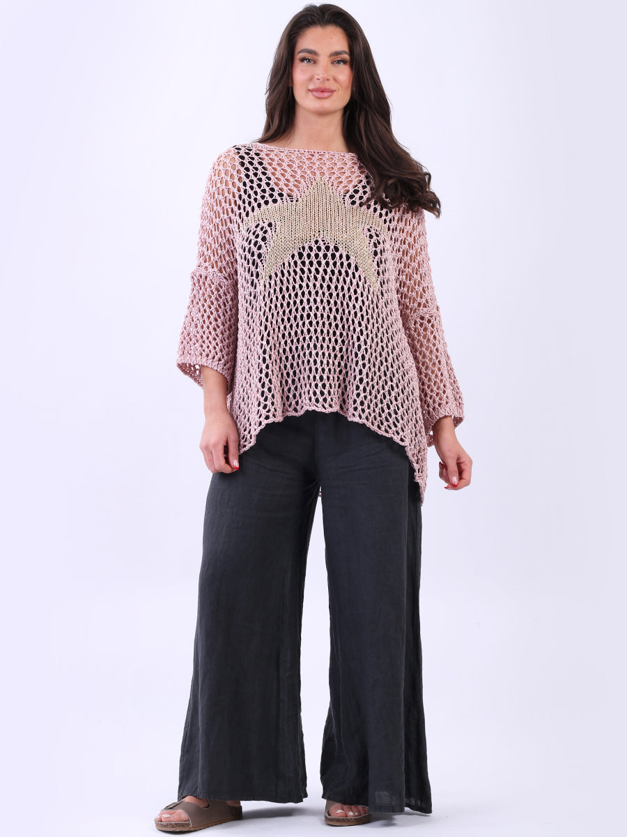 Star Knit Crochet Batwing Top Pink