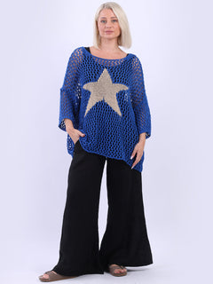 Star Knit Crochet Batwing Top Royal Blue