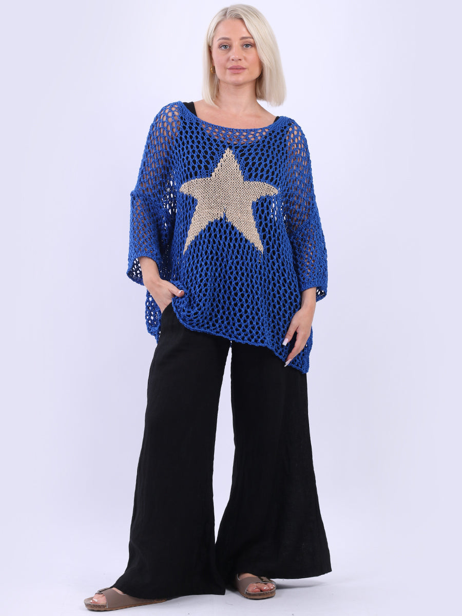 Star Knit Crochet Batwing Top Royal Blue