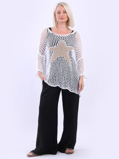 Star Knit Crochet Batwing Top White