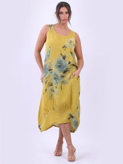 Linen Floral Tank Dress Mustard