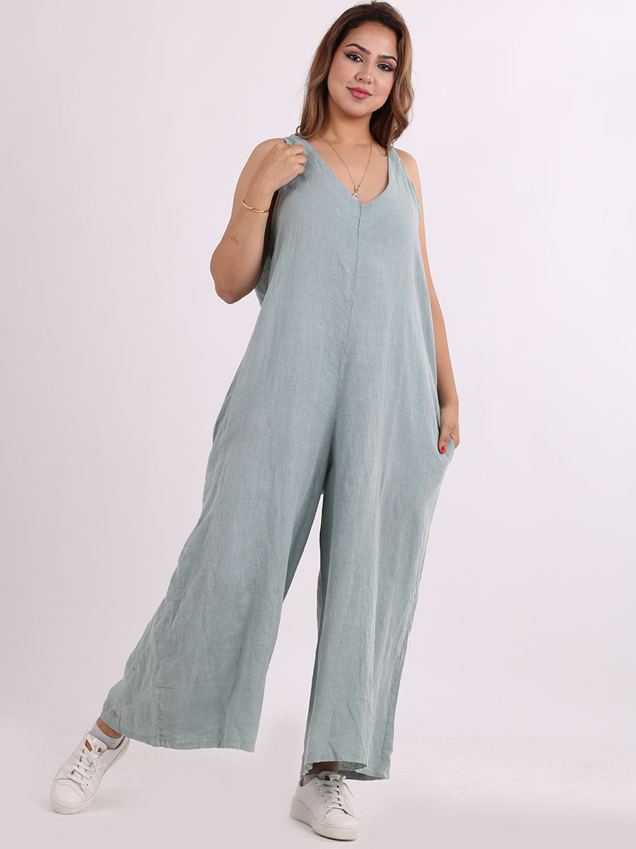 Plus Size Linen Jumpsuit Ocean Blue