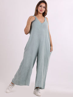 Plus Size Linen Jumpsuit Ocean Blue