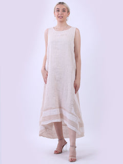 Sleeveless Linen Stripy Tank Dress Beige