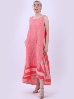 Sleeveless Linen Stripy Tank Dress Coral