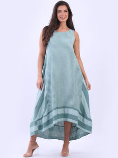Sleeveless Linen Stripy Tank Dress Ocean Blue
