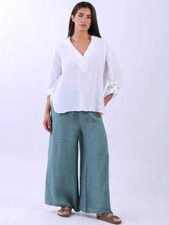 Collarless Linen Baggy Top White