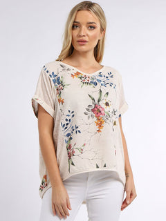 Floral Linen Crop Top Beige