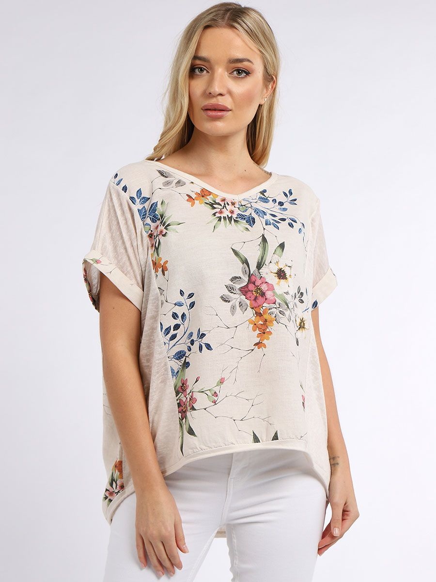 Floral Linen Crop Top Beige