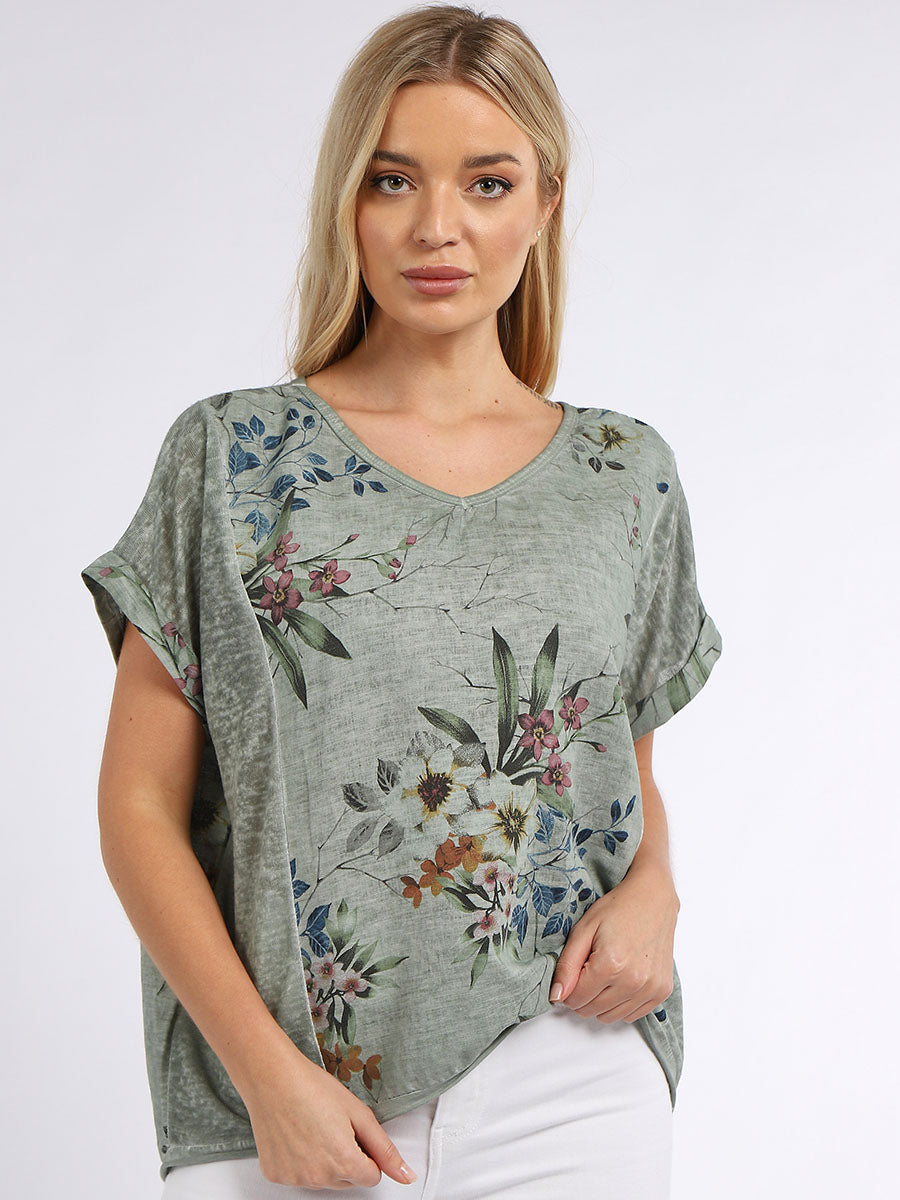 Floral Linen Crop Top Khaki