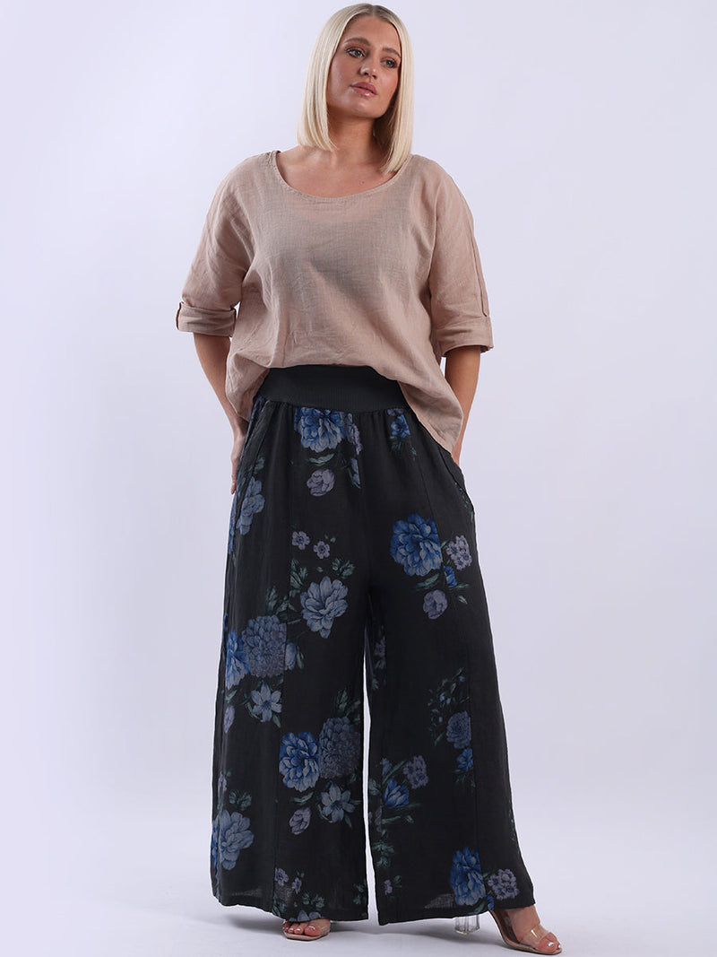 Floral Linen Palazzo Pant Charcoal