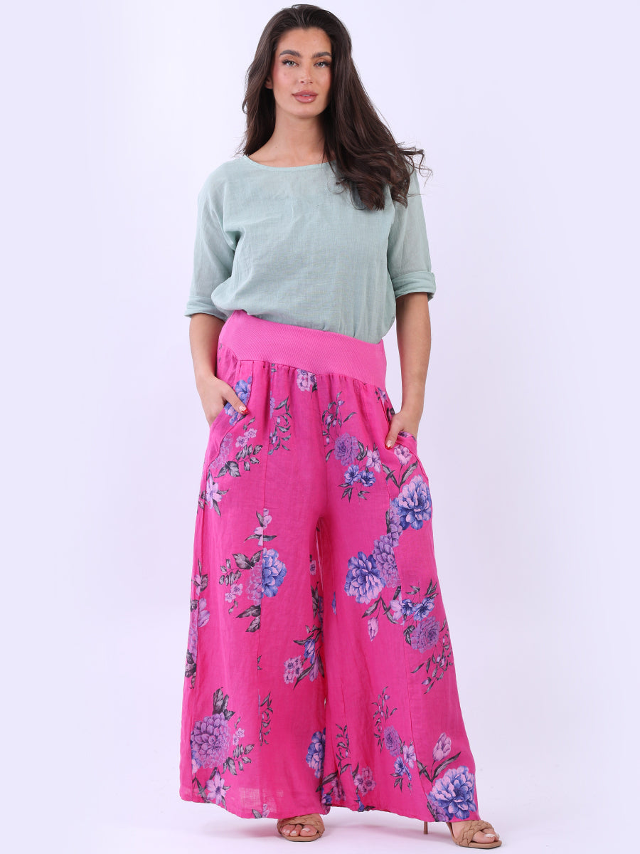 Floral Linen Palazzo Pant Fuchsia