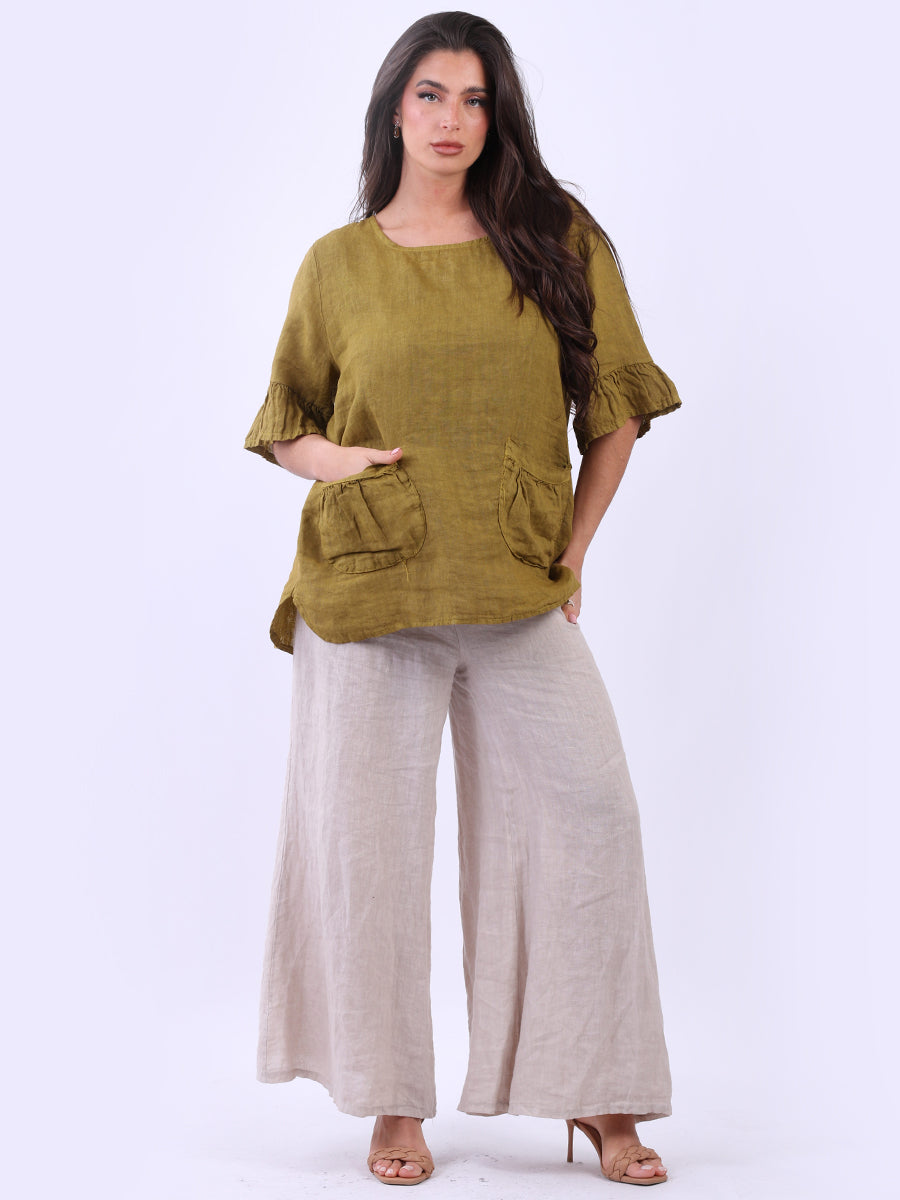 Women Solid Linen Top Olive