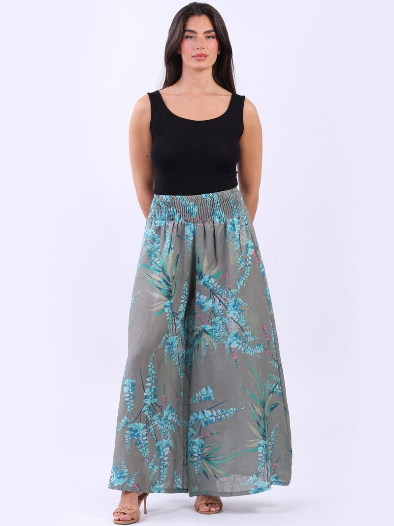 Tropical Print Linen Palazzo Khaki