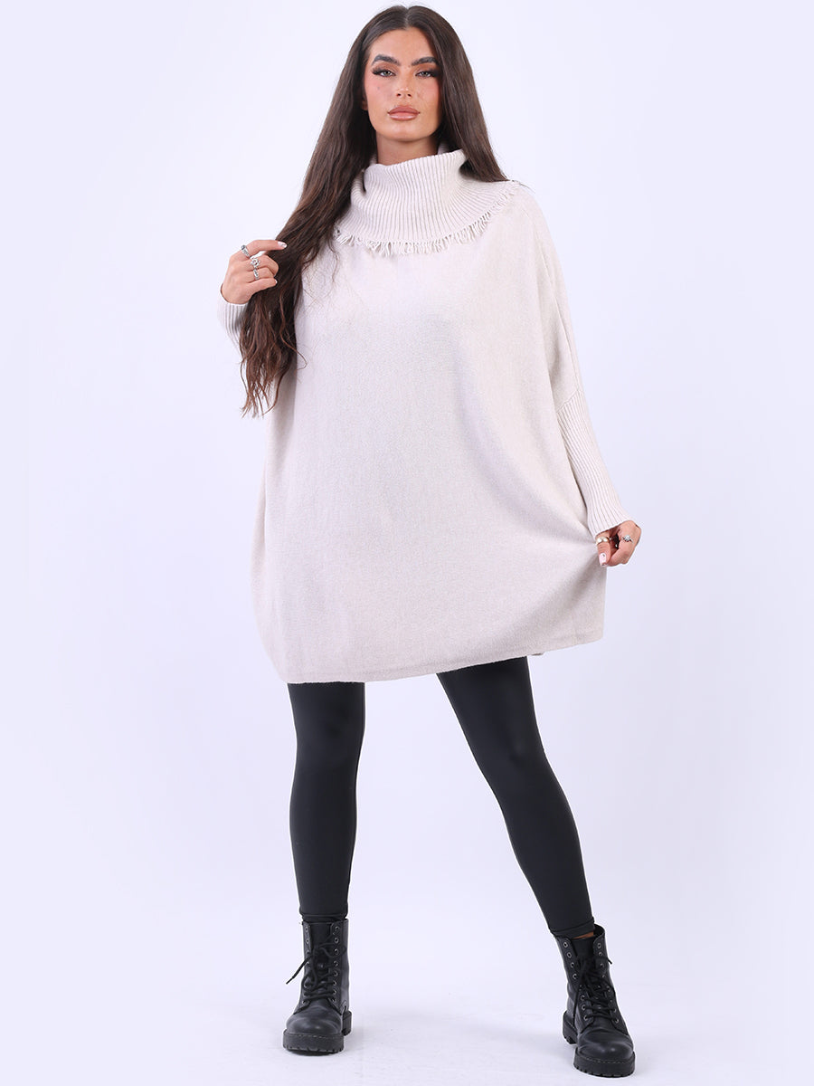 Cowl Neck Batwing Knitted Poncho Beige