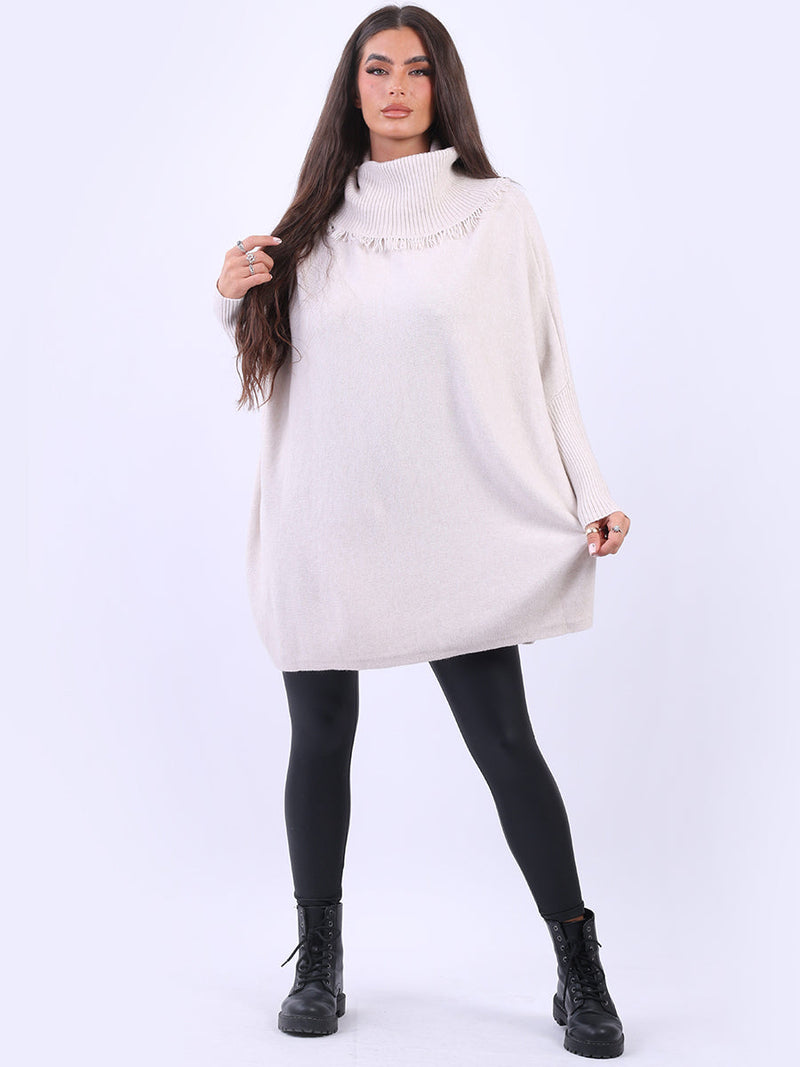 Cowl Neck Batwing Knitted Poncho Beige