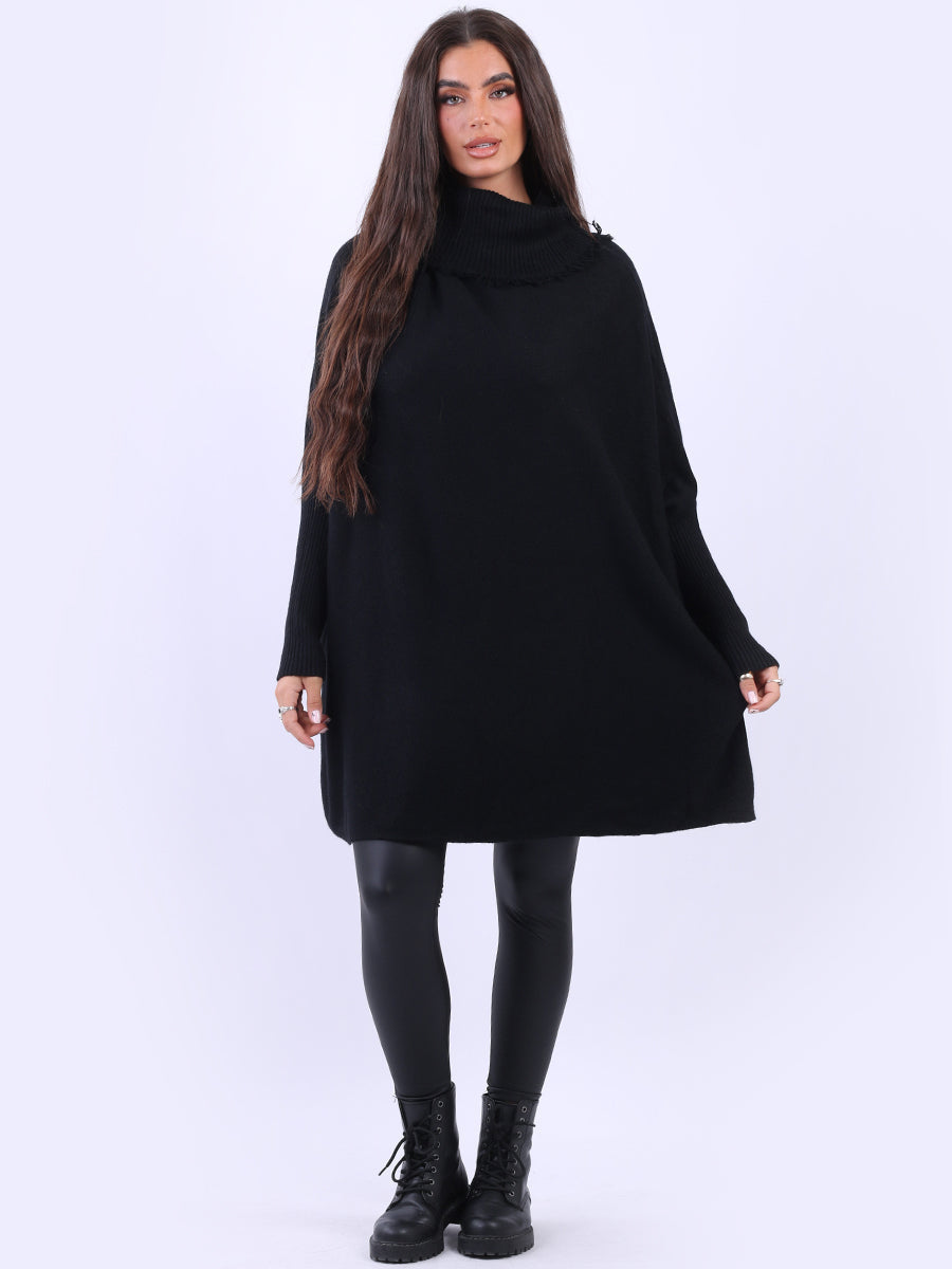 Cowl Neck Batwing Knitted Poncho Black