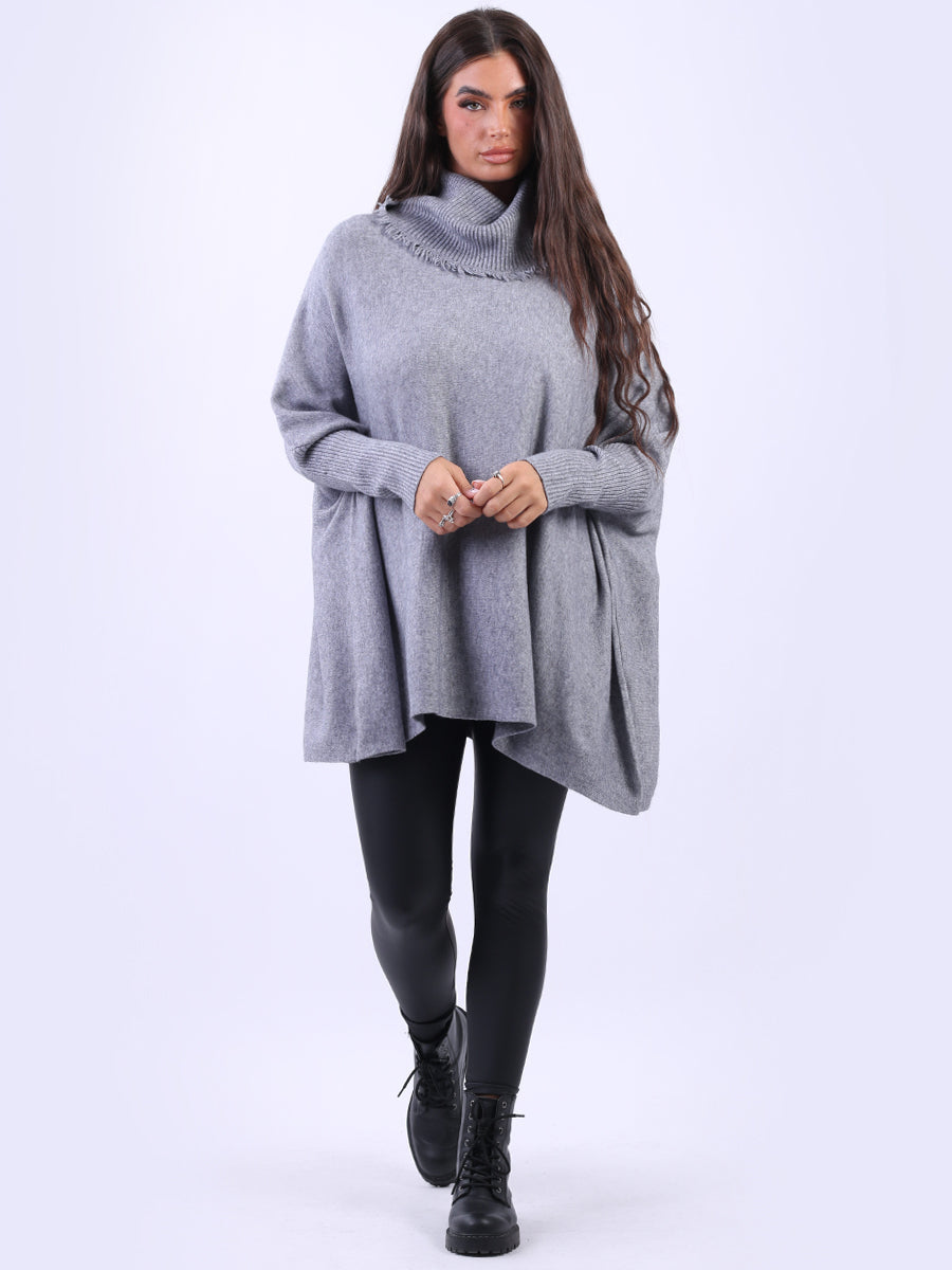 Cowl Neck Batwing Knitted Poncho Dark Grey