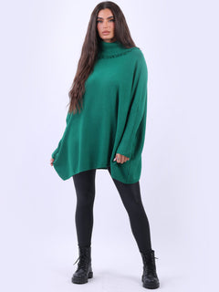 Cowl Neck Batwing Knitted Poncho Green