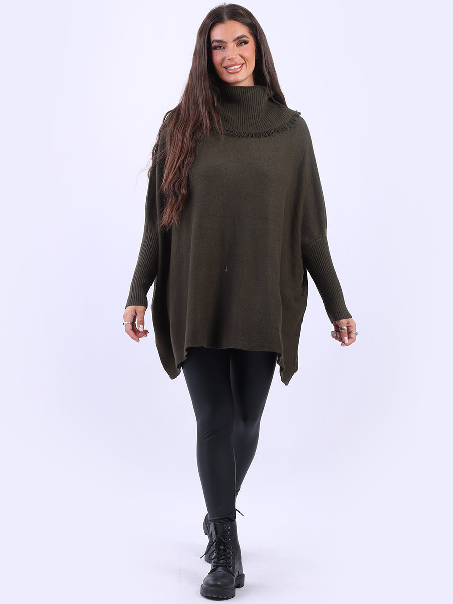 Cowl Neck Batwing Knitted Poncho Khaki