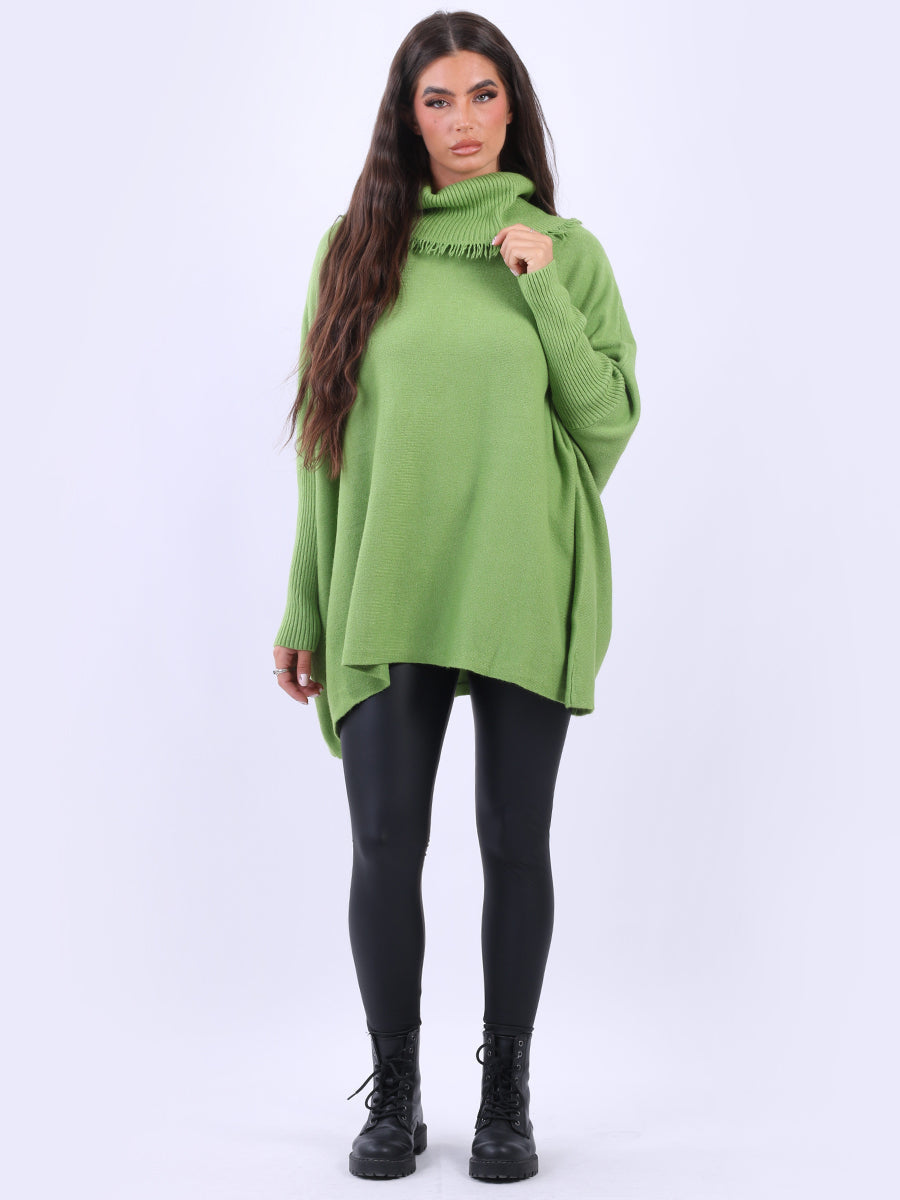 Cowl Neck Batwing Knitted Poncho Lime Green