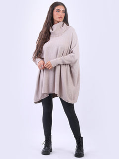 Cowl Neck Batwing Knitted Poncho Mocha