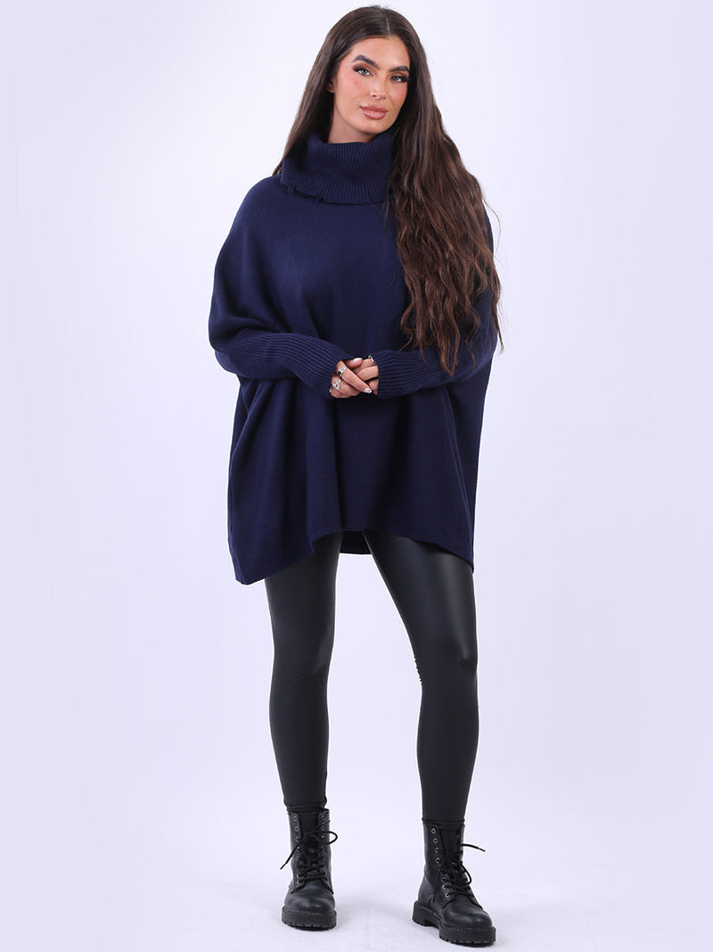 Cowl Neck Batwing Knitted Poncho Navy