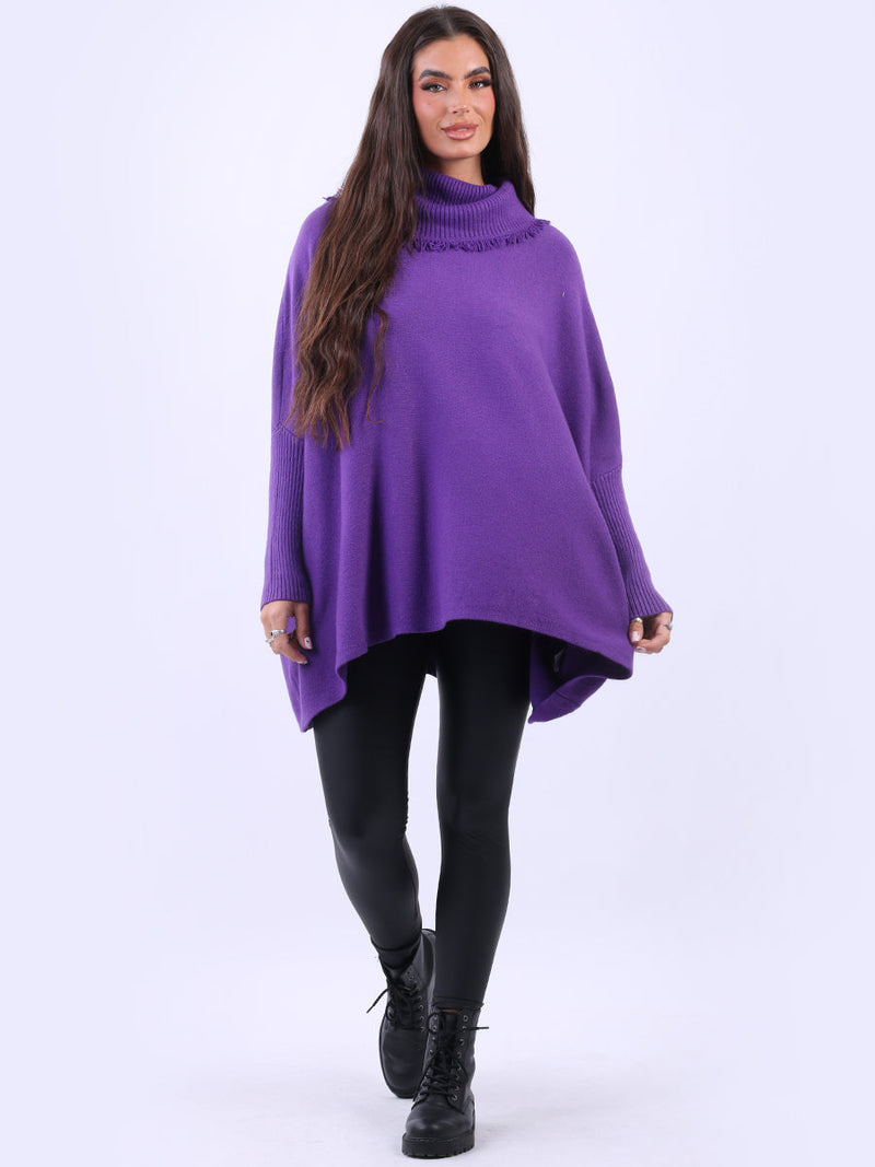 Cowl Neck Batwing Knitted Poncho Purple