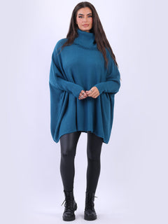 Cowl Neck Batwing Knitted Poncho Teal