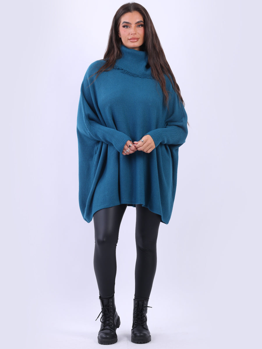 Cowl Neck Batwing Knitted Poncho Teal