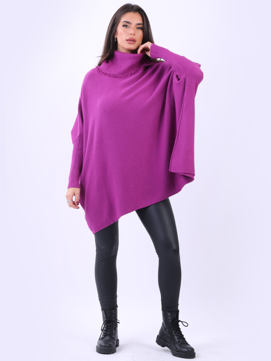 Cowl Neck Batwing Knitted Poncho Magenta