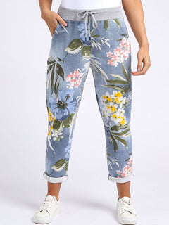 Floral Cotton Joggers Light Denim